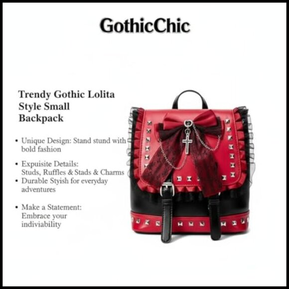 Gothic Mini Backpack Studded Lace Bow Cross Charm Adjustable Straps Faux Leather